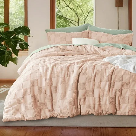 U by Bedsure Twin Comforter Set, Boho Tufted Bedding Comforter Set, Checkered Farmhouse Shabby Chic Bed Set, 2 Pieces, 1 Plaid Geometric Comforter and 1 Pillow ShamTwin,Rose Dust | Walmart (US)