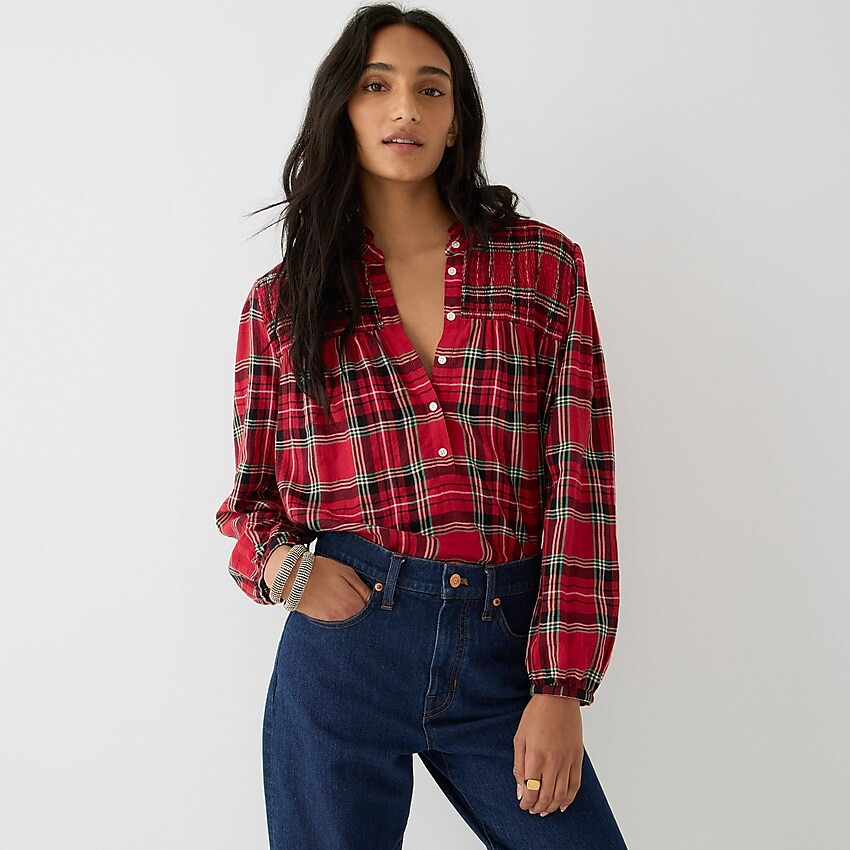 Ruffleneck cotton flannel popover in Good Tidings plaid | J. Crew US