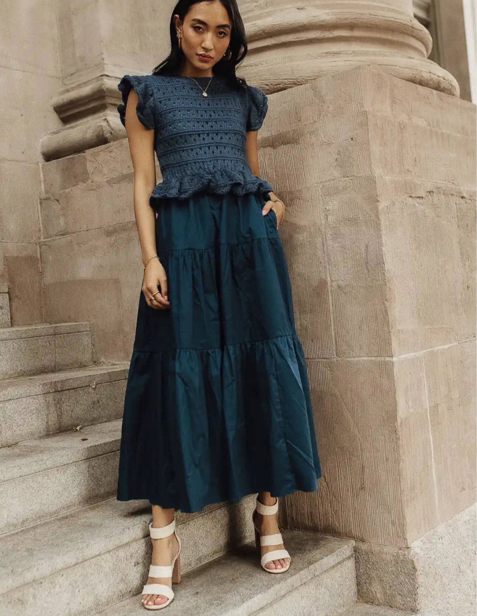 Böhme Carey Maxi Dress 

Round neckline, short, flutter sleeves, two hand pockets, crochet, bodice, one piece, contrast, material, elastic waist with ruffle detailing, and a tiered skirt, fully lined

#LTKworkwear #LTKstyletip #LTKparties