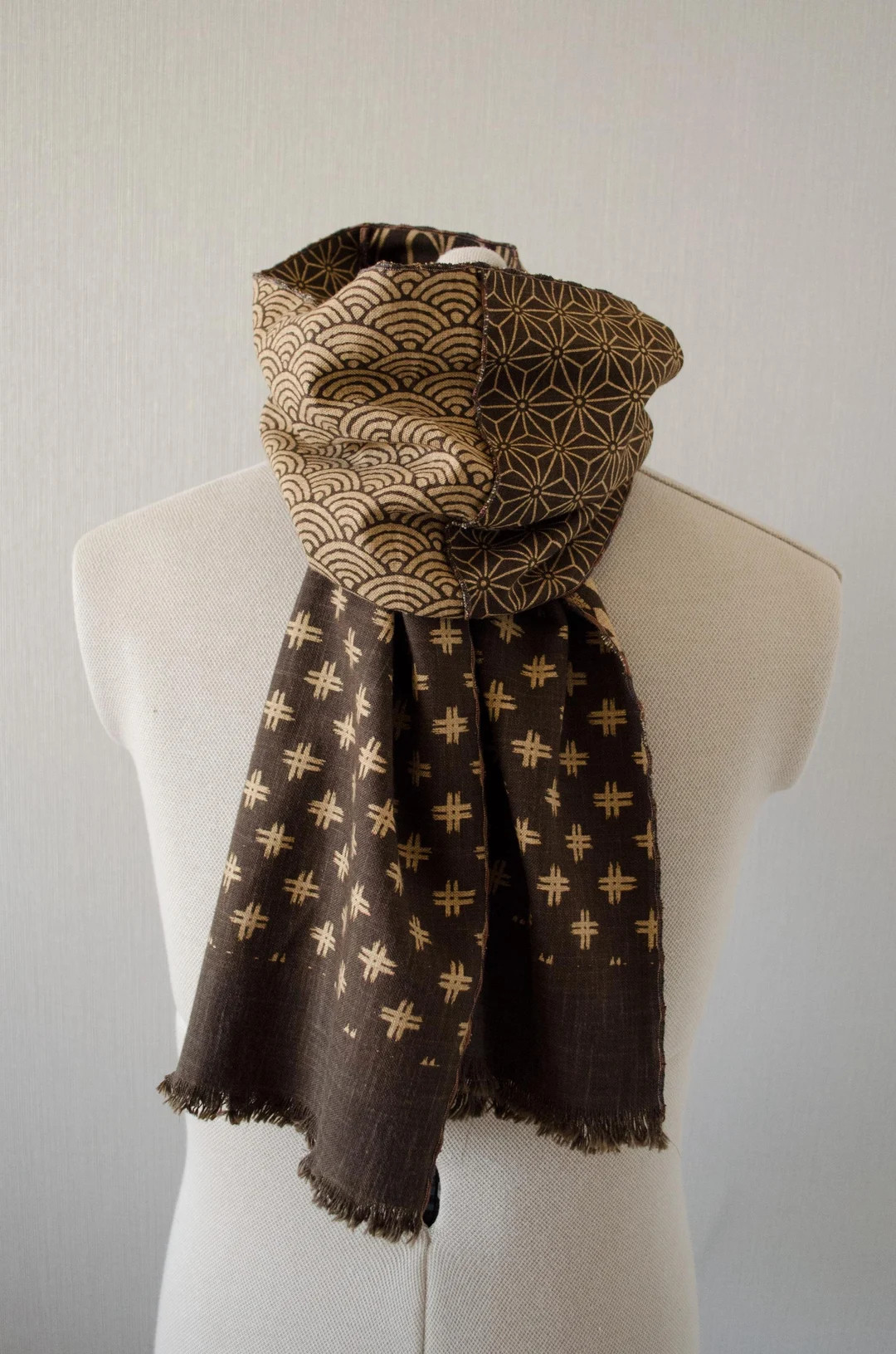 Japanese Traditional Pattern Patchwork Scarf Dark Brown Base With Light Brown Pattern, 100 % Cott... | Etsy (US)