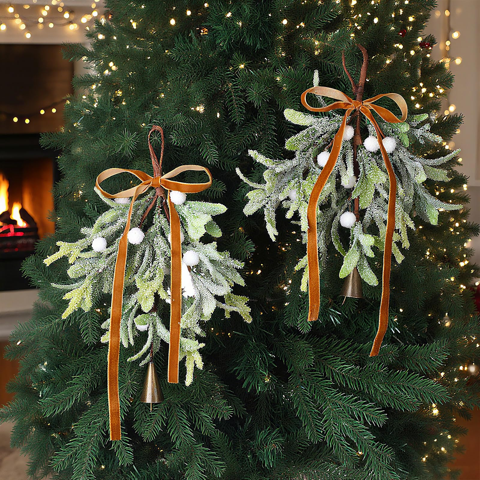 2 Pcs Christmas Mistletoe Decor Artificial Mistletoe with Brown Bow and Bells Ornament Hanging De... | Amazon (US)