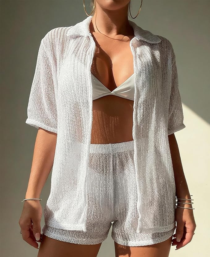 Womens Open Front Short Sleeve Hollow Out Shirt Summer Vacation Beach Sheer Short Outfits Set | Amazon (US)