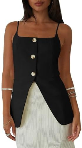 Yousify Womens Spaghetti Strap Tank Top Summer Blazer Vest Button Down Business Cami Square Neck ... | Amazon (US)