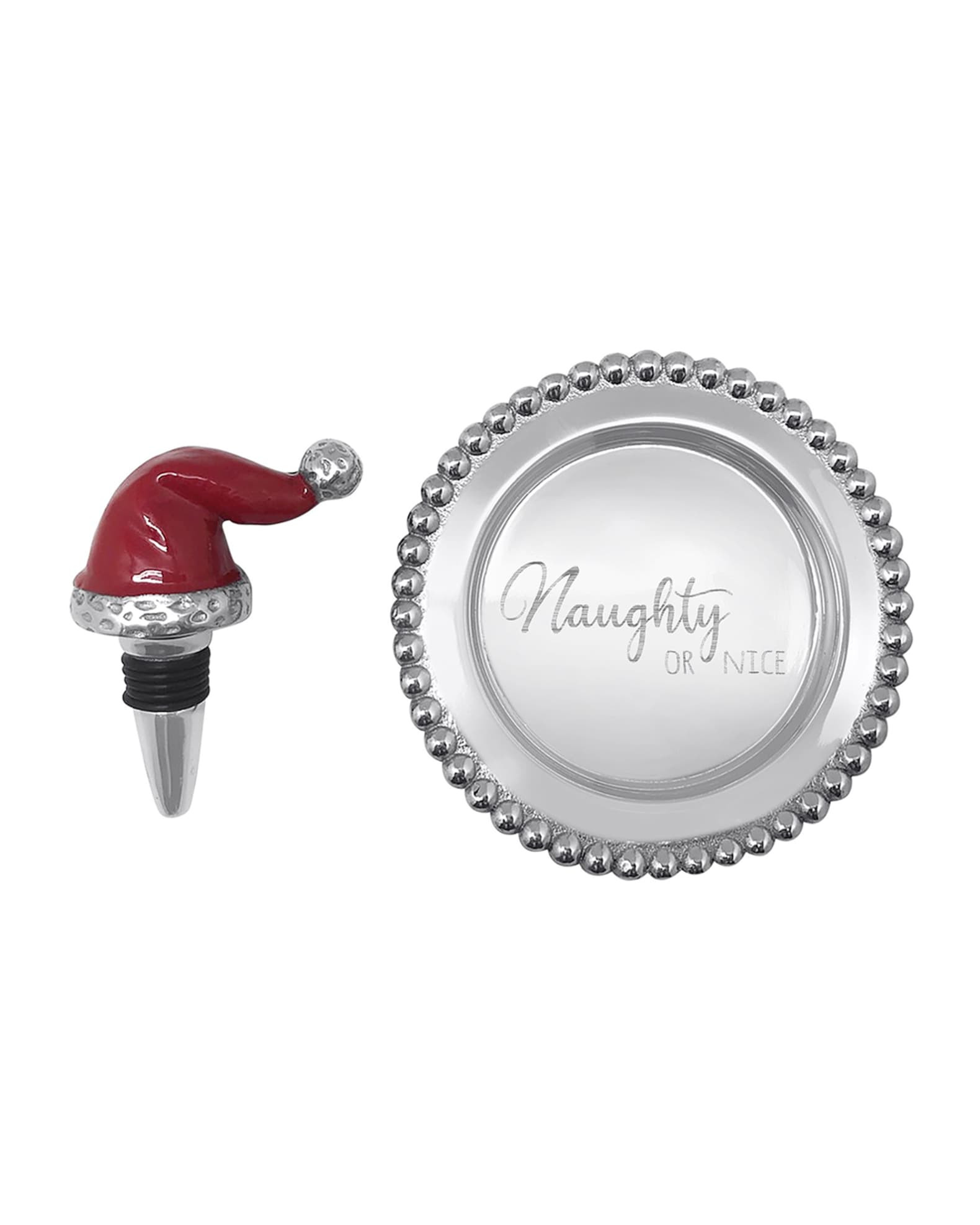 Red Santa Hat Bottle Stopper & Naughty Or Nice Wine Plate Gift Set | Neiman Marcus