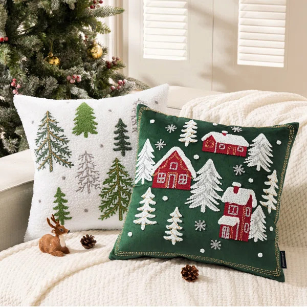 Phantoscope Embroidered Christmas Throw Pillow Covers With Christmas Tree Pattern, 18" X 18", Dar... | Wayfair North America