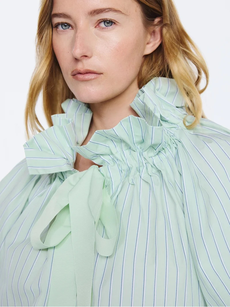 Free Assembly Women's Ruffle Tie Neck Cotton Top with Long Puff Sleeves, Sizes XS-XXL | Walmart (US)