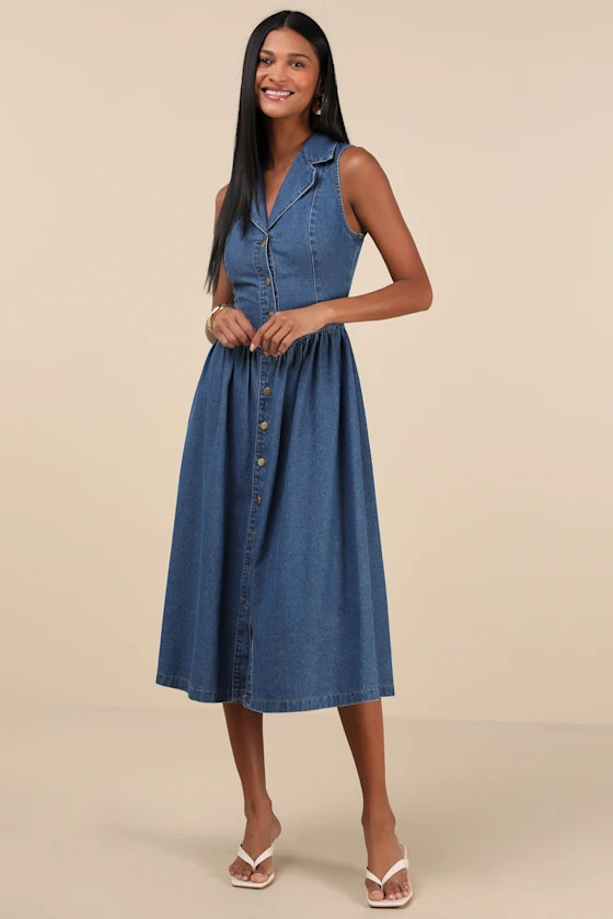 Levon Medium Wash Denim Button-Front Midi Dress
            Lulus
         $69
        Product Ra... | Lulus