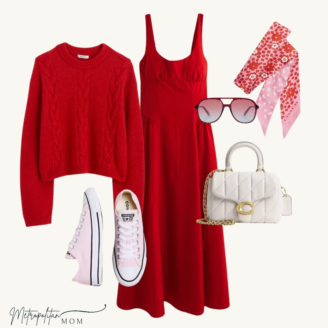 This is your sign to mix pink with red. ❤️🩷Red dress with built-in bra. Built-in confidence. Built-in outfit. Layered with a cozy Madewell sweater now, tossed over the shoulder later, a pop of pink with the scarf, classic Converse, and a white Coach bag to keep it fresh. Proof that one dress can do casual, cool, and pulled-together in seconds.

#LTKValentine #LTKmomlife #LTKootd