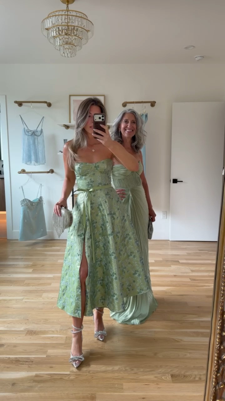 🌿 the sage and green pairing that photographs beautifully against every wedding backdrop.

A green floral brocade strapless midi with a structured bodice and a full A-line skirt that holds and moves with effortless garden wedding grace. 

A sage plissé strapless column that skims and elongates with total sleek sophistication all evening long.

I wear a medium or 6. Emerson wears her usual small or 2.

Save this for your next invitation.

Share it with a friend who's shopping. 💌

#weddingguestdress #motherofthebride #springwedding #gardenwedding #weddingseason2026 wedding guest dress summer

#LTKSeasonal #LTKOver40 #LTKWedding