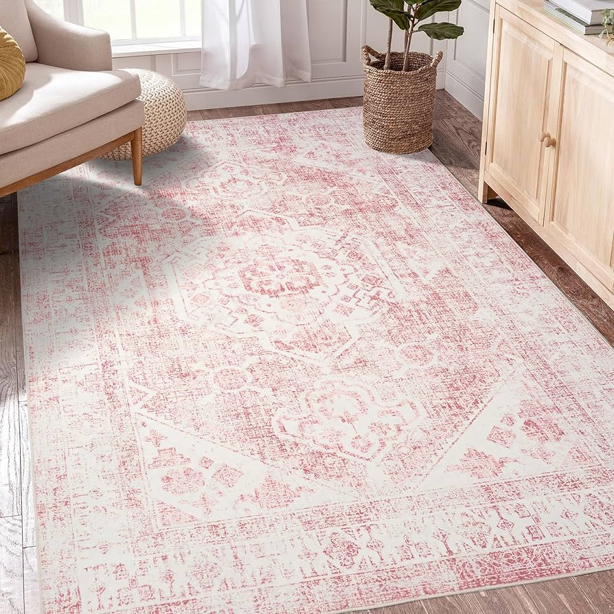 3x5 Washable Pink Area Rug, Upgraded Denser Surface Vintage Rugs, Honeycomb Non-Slip Backing Livi... | Amazon (US)