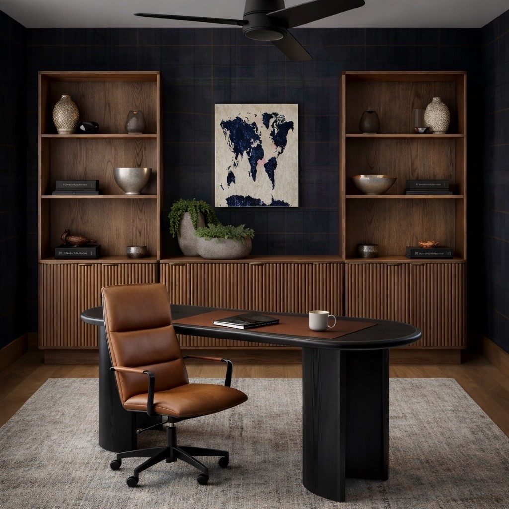 This moodboard came to life and the space turned out amazing! Stay tuned, I can’t wait to share the reveal soon! 

This office is all about depth.
Dark walls for drama, warm wood for balance, and leather for that timeless touch 💕

#LTKHome #LTKSaleAlert #LTKstorytime