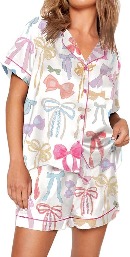 Hassembly Women 2 Piece Satin Pajama Set Cute Bow Print Short Sleeve Shirt Loose Shorts Matching ... | Amazon (US)