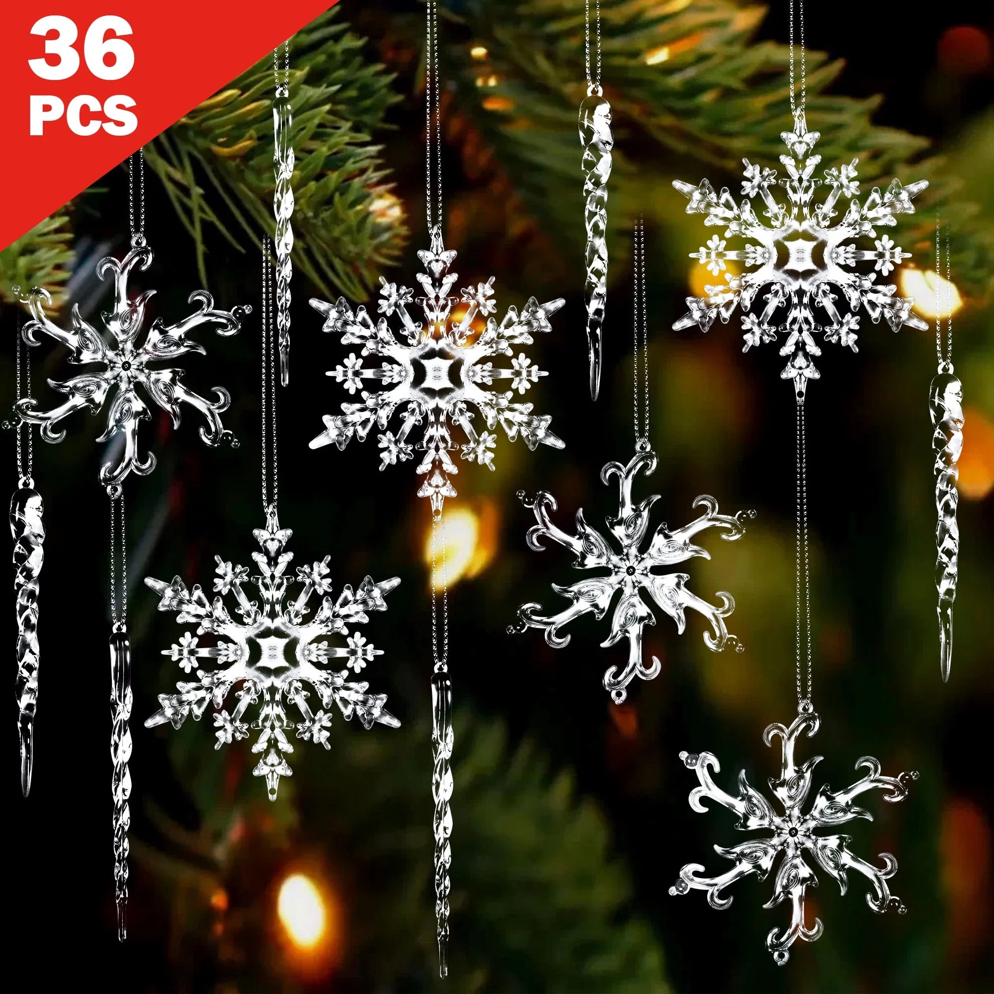 IZNEN 36 Pcs Christmas Tree Crystal Ornaments, Hanging Acrylic Navidad Snowflake Icicle Pendant C... | Walmart (US)
