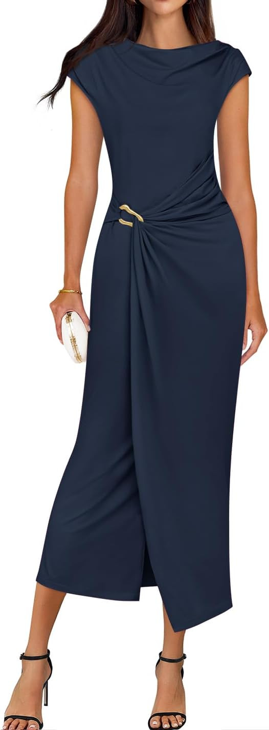 ZESICA Women's 2026 Summer Mock Neck Casual Bodycon Dress Cap Sleeve Elegant Cocktail Party Long ... | Amazon (US)