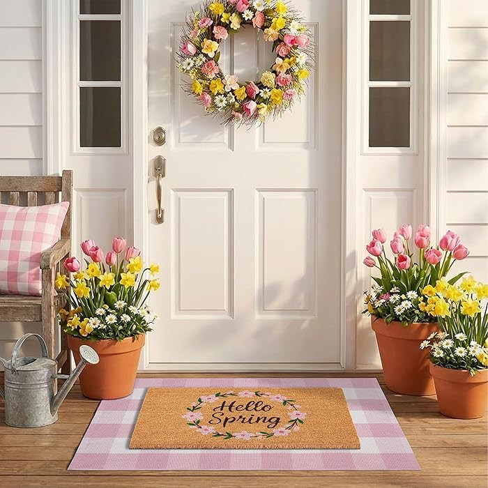 Spring Door Mat Layered Doormat Set, Hello Spring Coir Doormat with Pink & White Plaid Layering R... | Amazon (US)