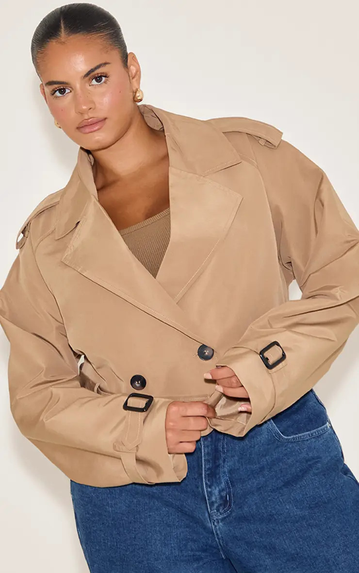 Plus Taupe Belted Cropped Trench Coat | PrettyLittleThing US