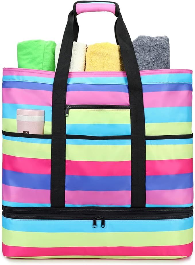 Large Beach Tote Bag Insulated Cooler Bottom Women Zipper Pool Picnic Gym Travel Tote Bag | Amazon (US)