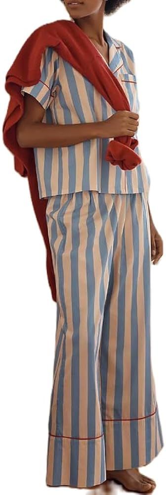 ROAONOCOMO Women Striped 2 Piece Pajama Set Long Sleeve Button Down Blouse Gingham Wide Leg Loung... | Amazon (US)