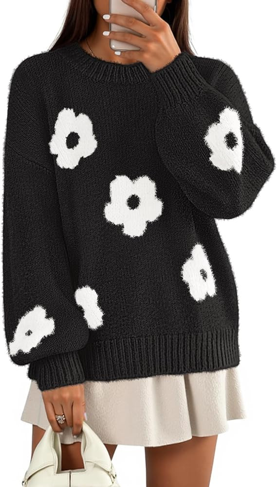 MEROKEETY Women's 2025 Fall Floral Sweater Cute Long Lantern Sleeve Crewneck Knit Pullover Tops | Amazon (US)