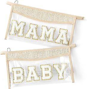 2 Pieces Boho Patch MAMA and Baby Bag Set, Clear Varsity Letter Bag Cosmetic Bag beige Baby Diape... | Amazon (US)