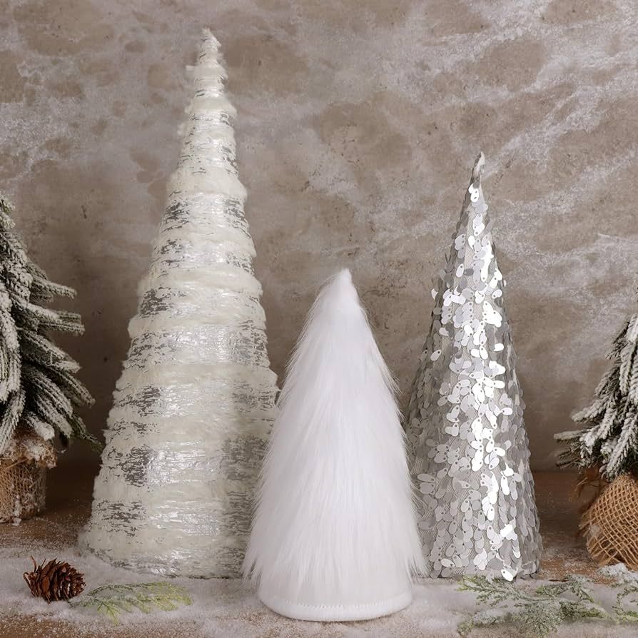 Bunny Chorus Christmas Table Décor: 3pcs Silver & White Cone Christmas Trees with Glitter Sequin... | Amazon (US)