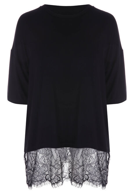 Womens Black Cotton Lace Hem T-Shirt | Peacocks