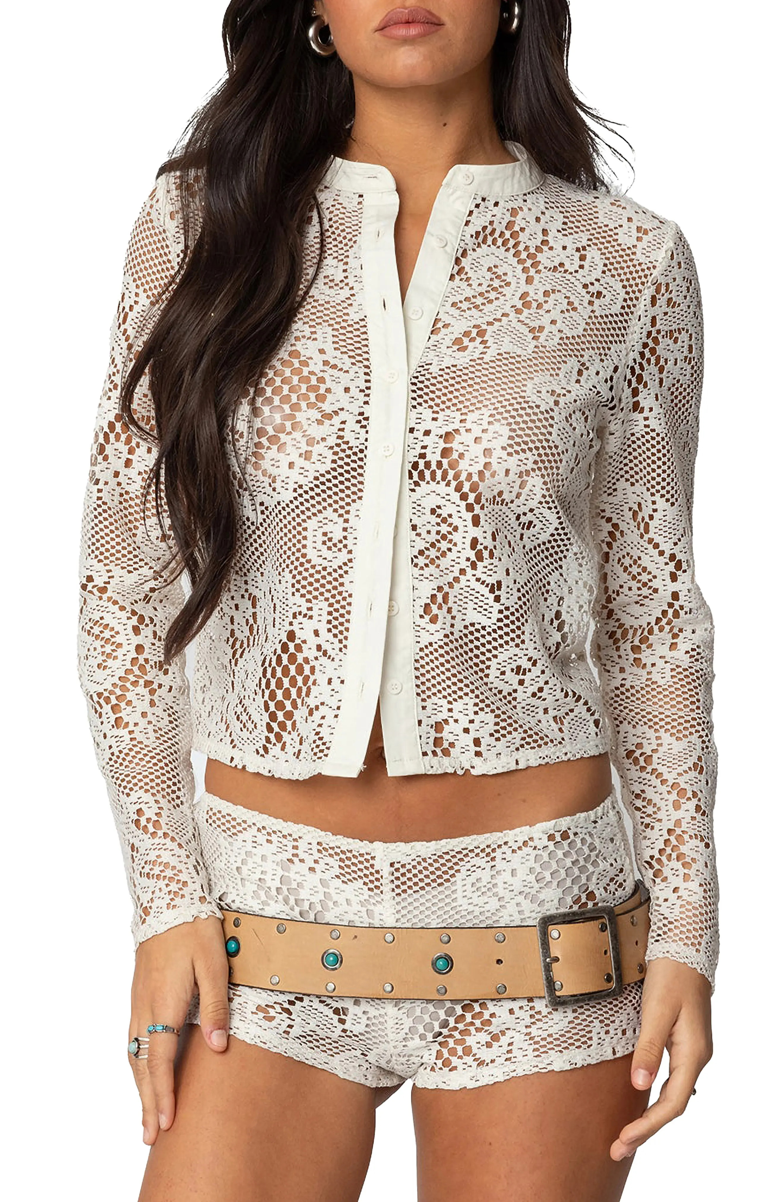 EDIKTED Peyson Sheer Lace Button-Up Shirt (Women) | Nordstrom | Nordstrom