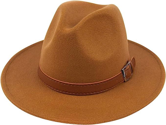 Lanzom Womens Classic Wide Brim Floppy Panama Hat Belt Buckle Wool Fedora Hat | Amazon (US)