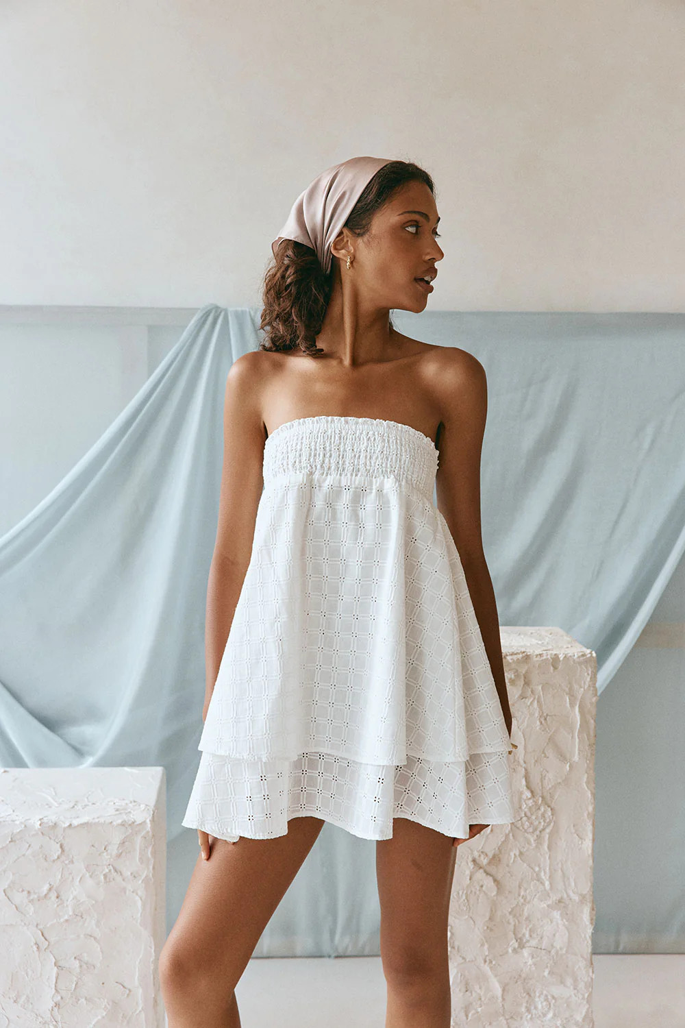 White Broderie Strapless Babydoll Mini Rocio Dress | Sabo Skirt US