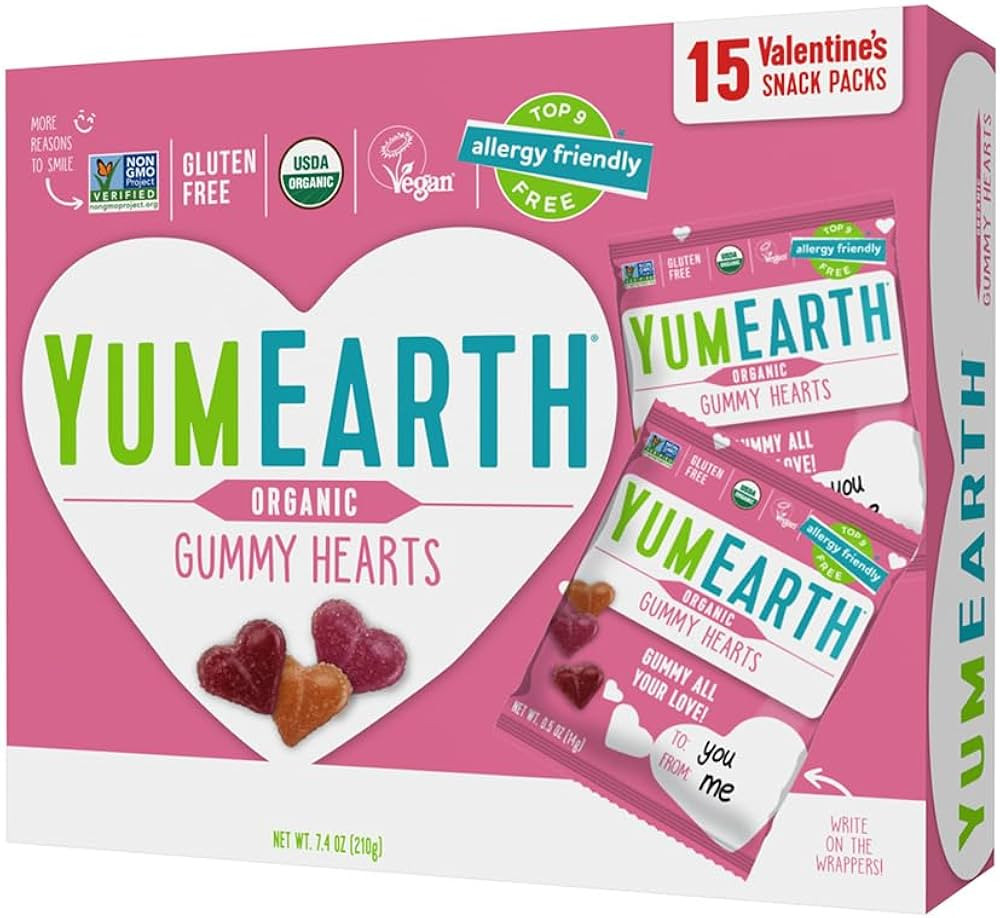 YumEarth Organic Valentine Sugarcoated Gummy Fruit Hearts - Fruity Candy, Gluten Free Snacks for ... | Amazon (US)