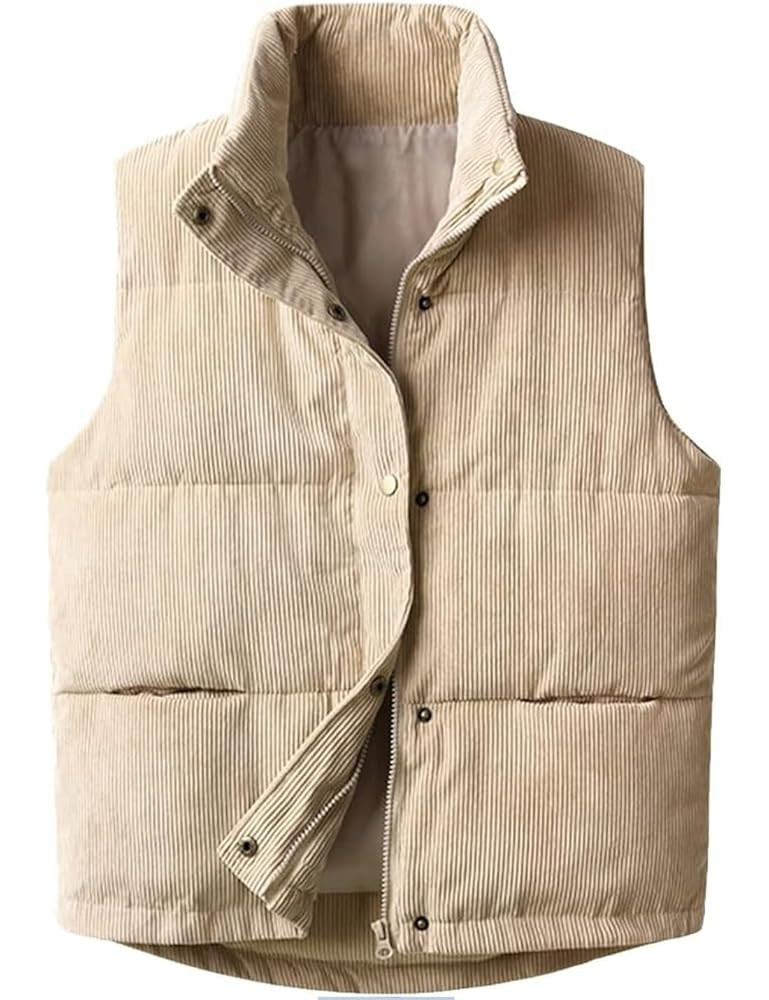 Womens Corduroy Puffer Vest Stand Collar Zip Snap Button Sleeveless Warm Waistcoat Padded Gilet | Amazon (US)