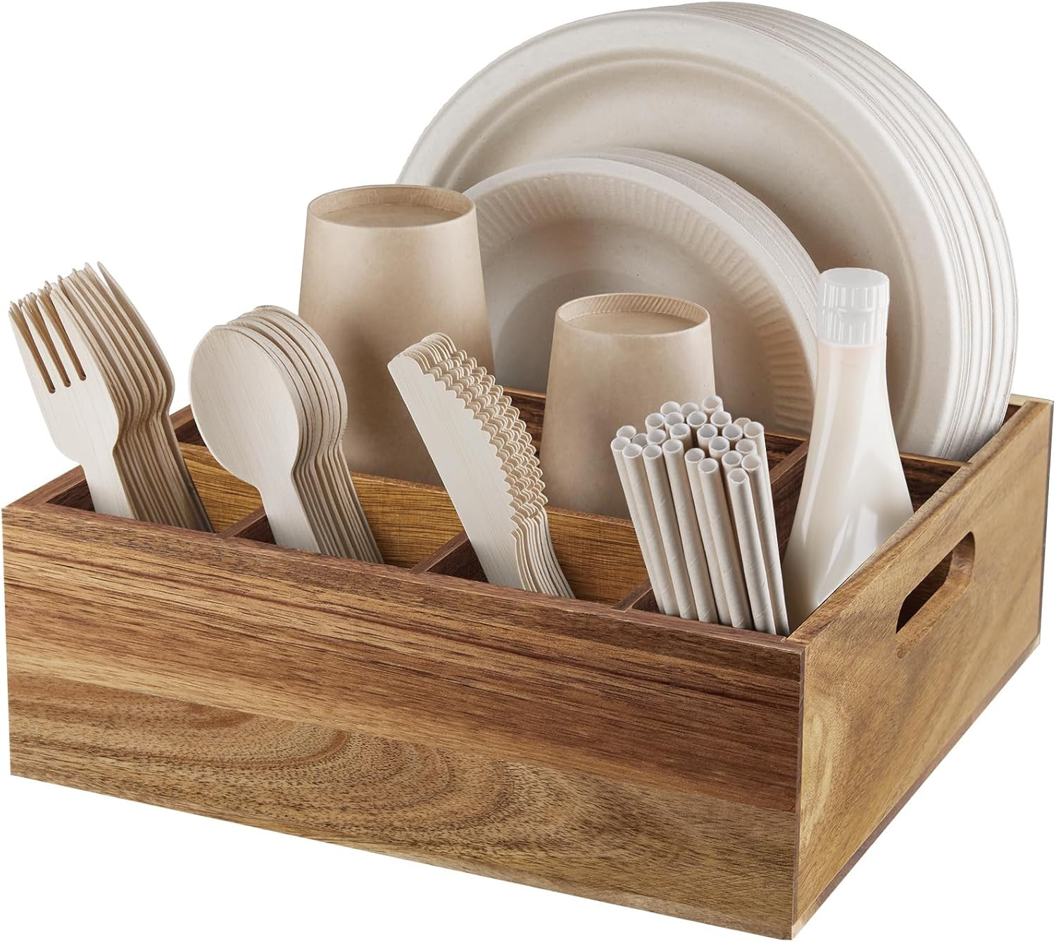 ALELION Acacia Wood Utensil Holder for Party - Paper Plate Organizer for Countertop - Silverware ... | Amazon (US)