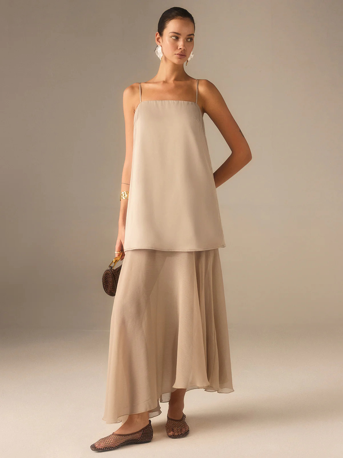 2 in 1 Semi-Sheer Chiffon Cami Maxi Dress | Commense