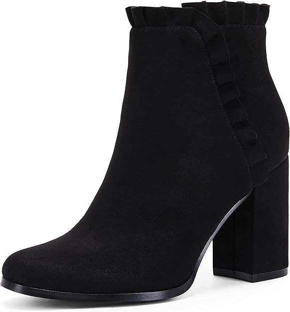 Womens Chunky Block Heel Ankle Boots Faux Suede Ruffle Fall Winter Western Booties | Amazon (US)