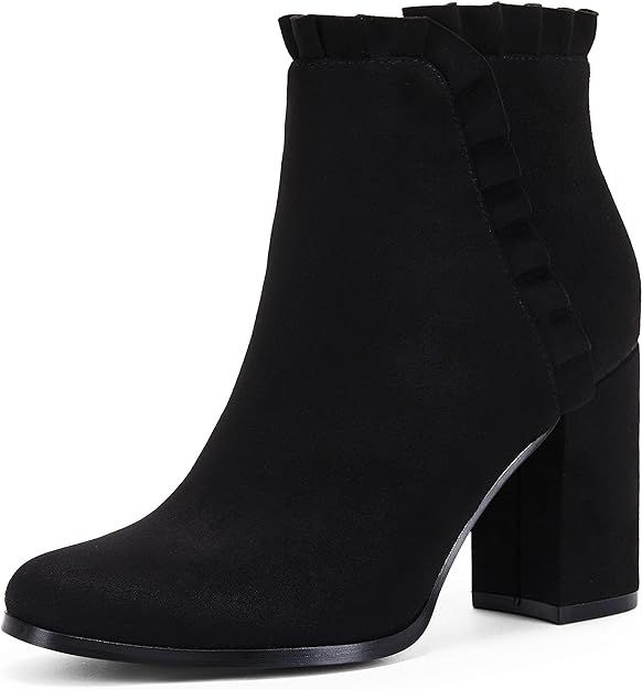 Womens Chunky Block Heel Ankle Boots Faux Suede Ruffle Fall Winter Western Booties | Amazon (US)