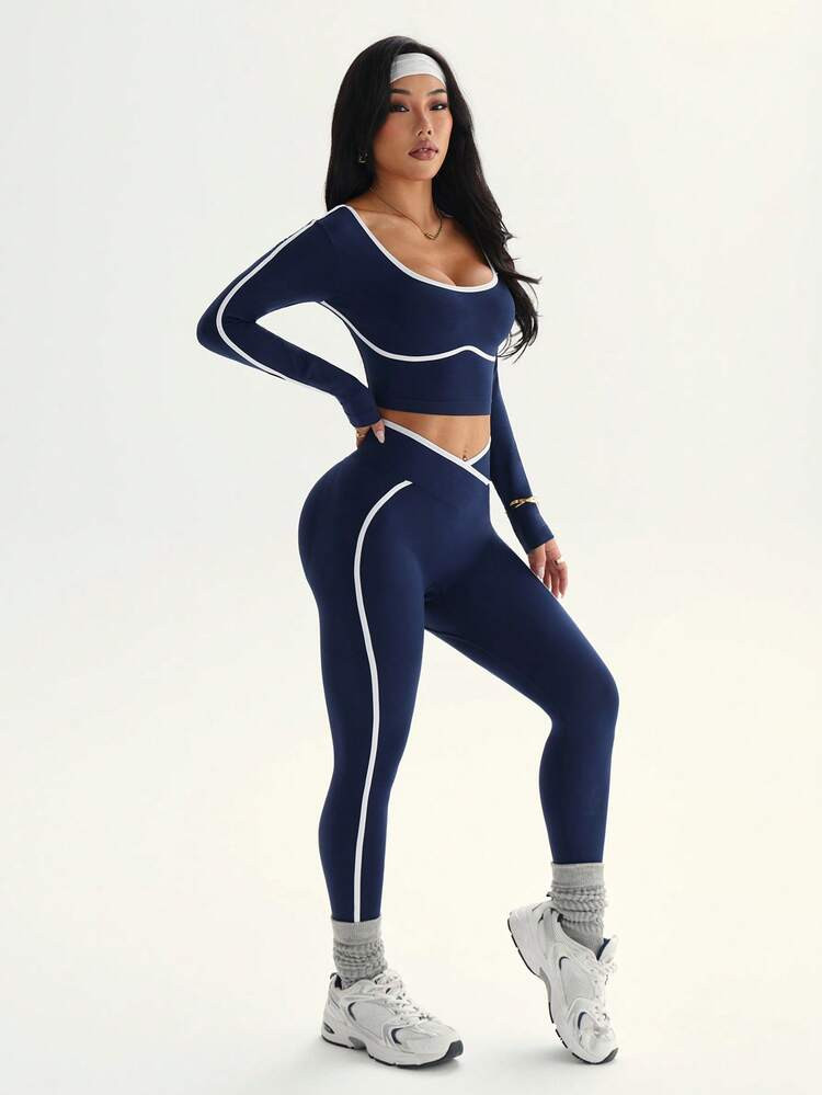 Dewbera Seamless High Elasticity Yoga Fitness Women Sports Criss-Cross Waist Contrast Color Set Two Piece Legging Set Navy Workout Set | SHEIN