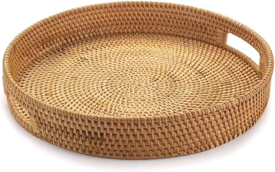 Rattan Round Serving Tray, Hand Woven Serving Basket with Cut - Out Handles, Wicker Fruit/Bread S... | Amazon (US)