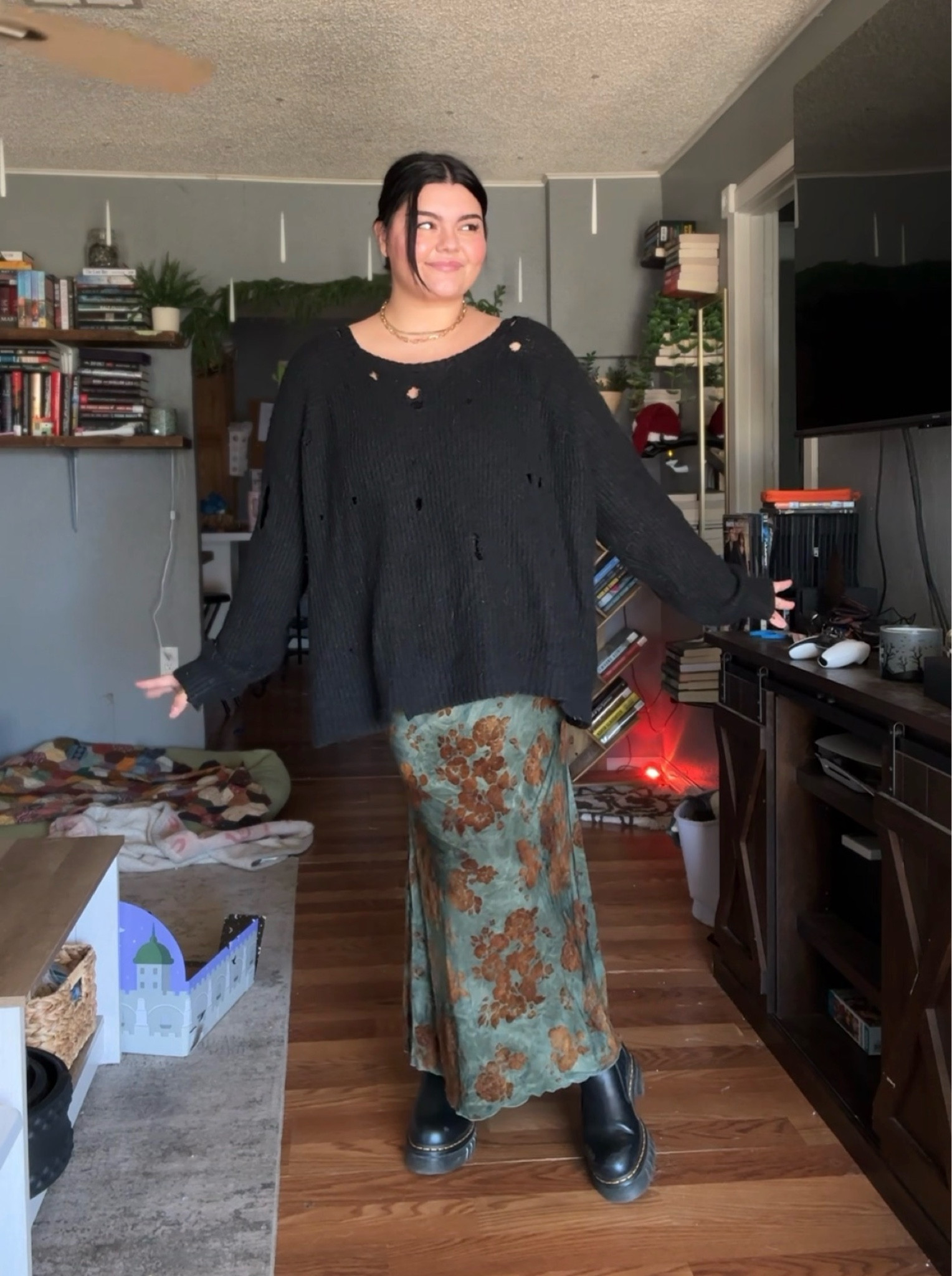 I linked a top similiar from old navy! my sweater i’m wearing is from old navy from 2022! I also distressed it myself 🖤 I am wearing my usual size in skirt! 

#LTKgrwm #LTKootd #LTKSeasonal