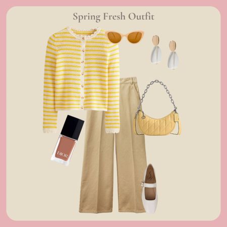 Spring fresh outfit idea. Wide crop chinos, yellow stripe knit, yellow coach crescent bag, white Mary Jane ballet pumps

#LTKstyletip #LTKover40 #LTKeurope