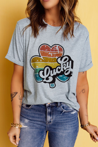 Gray Rolled Up Short Sleeve Crew Neck Clover Graphic Tee | Shewin