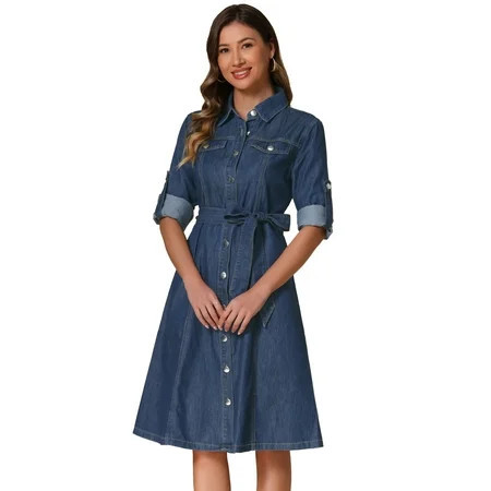 DARING DIVA Denim Shirt Dress Long Sleeve Belted Dress L Dark Blue | Walmart (US)