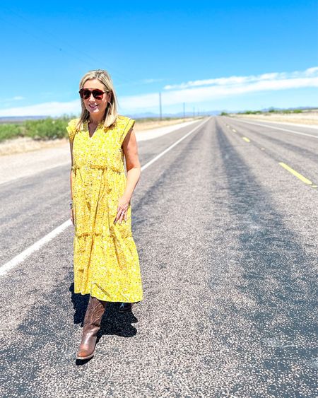 Road Trip Day 2 Details…It’s a must do cliche when driving through west Texas-you must take a picture in front of the “Prada” store and post it to Instagram. So…✅

Wearing my favorite cowboy boots (they are soft as butter and go up to the knee) with a new favorite dress. The bright yellow with a subtle floral print traveled really well (and it has pockets).  Dress is generously sized-wearing a small with a loose fit. 

#roadtrip #boots #cowboyboots #maxidress #fashionover40 #fashionover50 #countryconcert #marfa 

#LTKshoecrush #LTKtravel