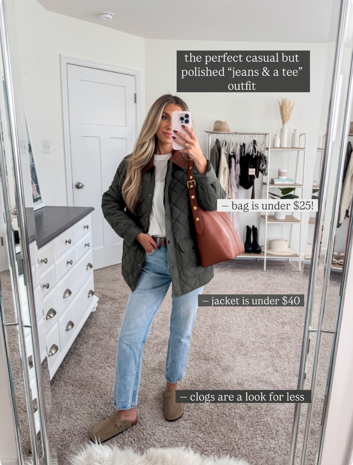 Polished but casual fall outfit 
+ white tshirt: xs 
+ barn jacket: xs 
+ jeans: 24 extra short for a cropped length 
+ clogs: true to size 

#LTKFindsUnder50 #LTKSeasonal #LTKFindsUnder100