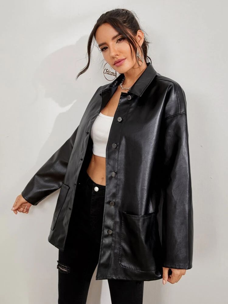 SHEIN EZwear Button Front Drop Shoulder PU Leather Coat | SHEIN