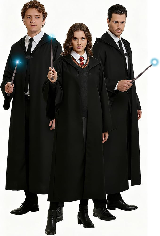 3 Pcs Adult Wizard Robe Cloak with Hood Costume Set with 3 Pcs Dark Brown Magic Wands Size M Hall... | Amazon (US)