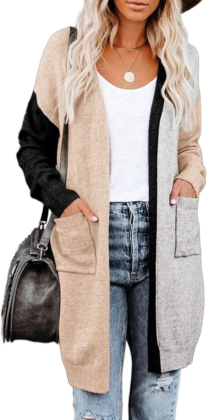 Lovaru Womens Boho Open Front Cardigan Colorblock Long Sleeve Loose Knit Lightweight Sweaters | Amazon (US)
