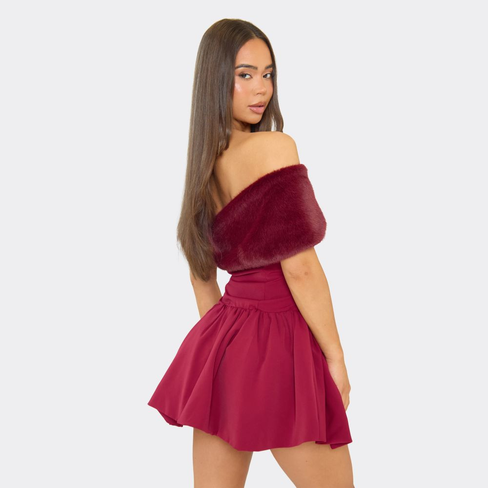 Over Shoulder Faux Fur Pleated Mini Dress In Burgundy | EGO (UK)