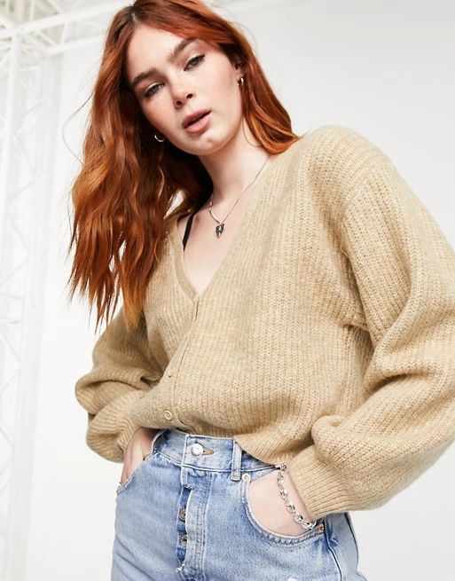 ASOS DESIGN v neck rib cardigan with wide sleeve in oatmeal - part of a set | ASOS (Global)