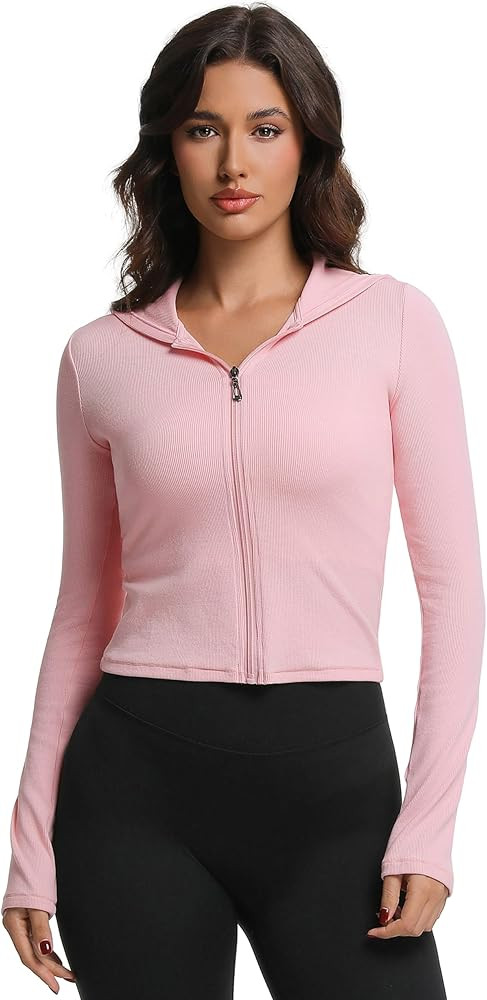 Ribbed Hoodies for Women Lightweight Full Zip Up Jackets Long Sleeves Tops Fitted Cropped Sweatsh... | Amazon (US)