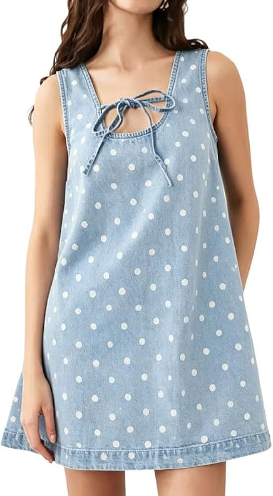 CHARTOU Women Cute Denim Mini Dress Summer Tie Front Polka Dot Jean Tank A Line Shift Dress with ... | Amazon (US)